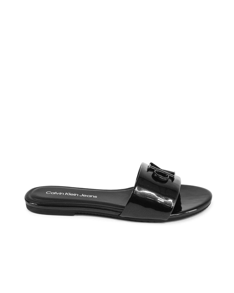 Black Polyester Flat Sandals