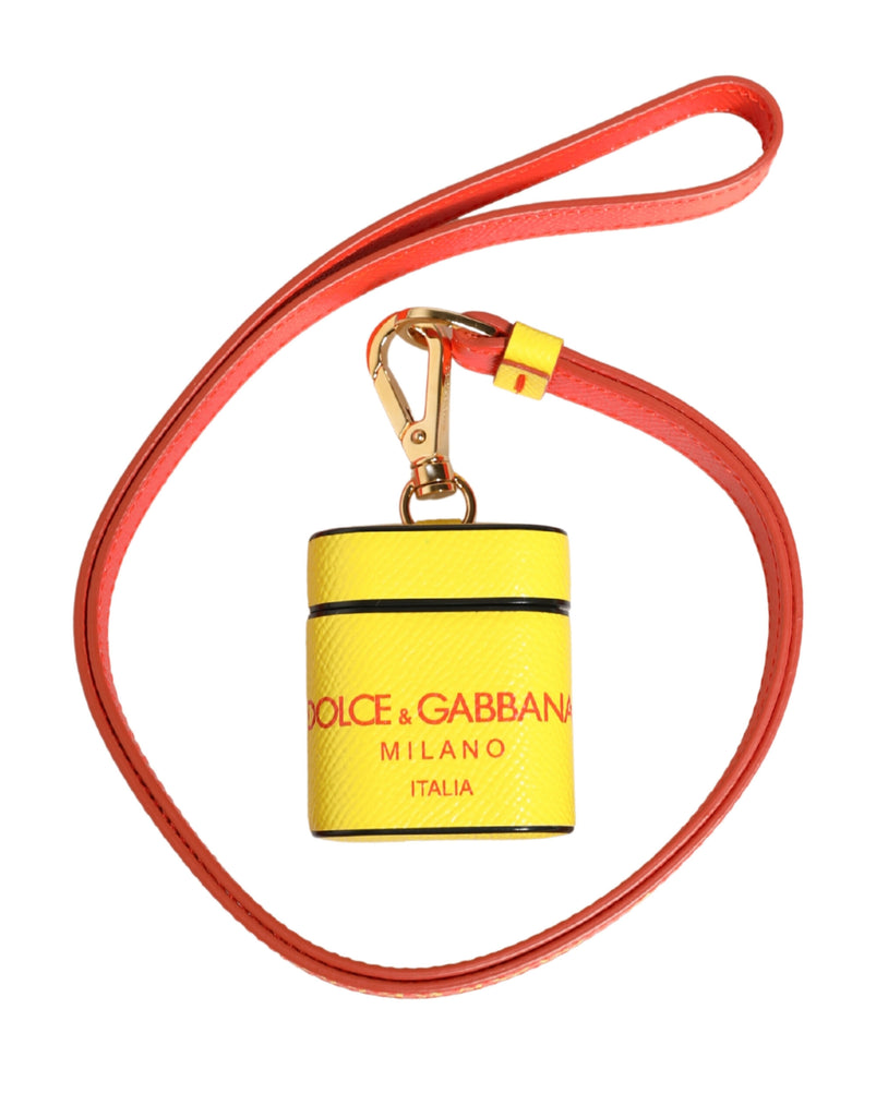 Yellow Calf Leather Logo Flip Holder Strap Airpods Case