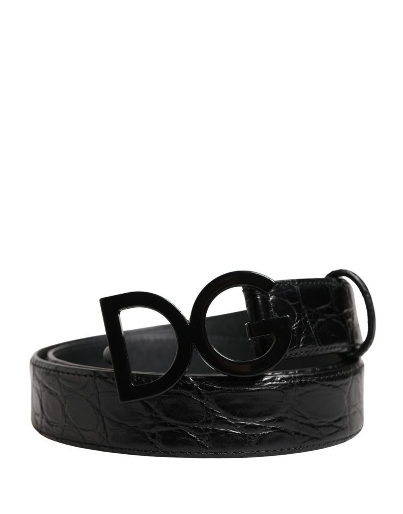 Men Black Exotic Leather Logo Buckle Belt