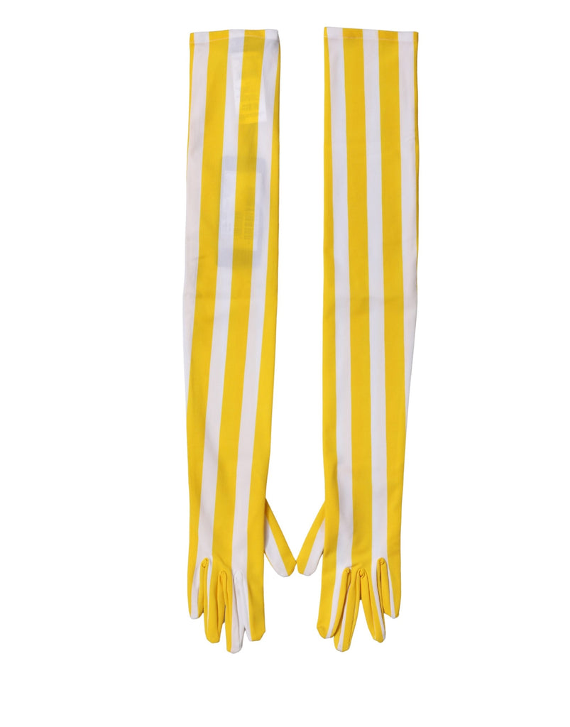 Yellow White Stripes Nylon Elbow Length Women Gloves