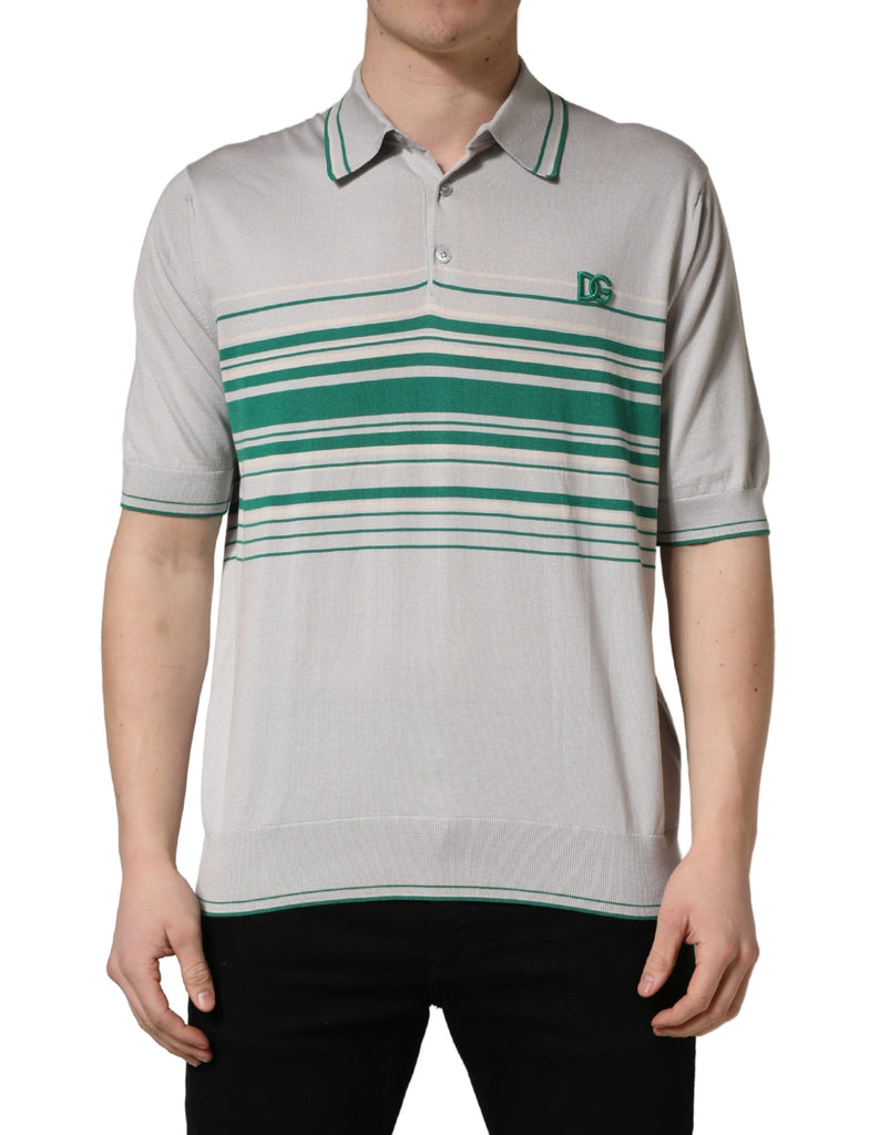 Gray Green Striped Logo Silk Polo T-shirt
