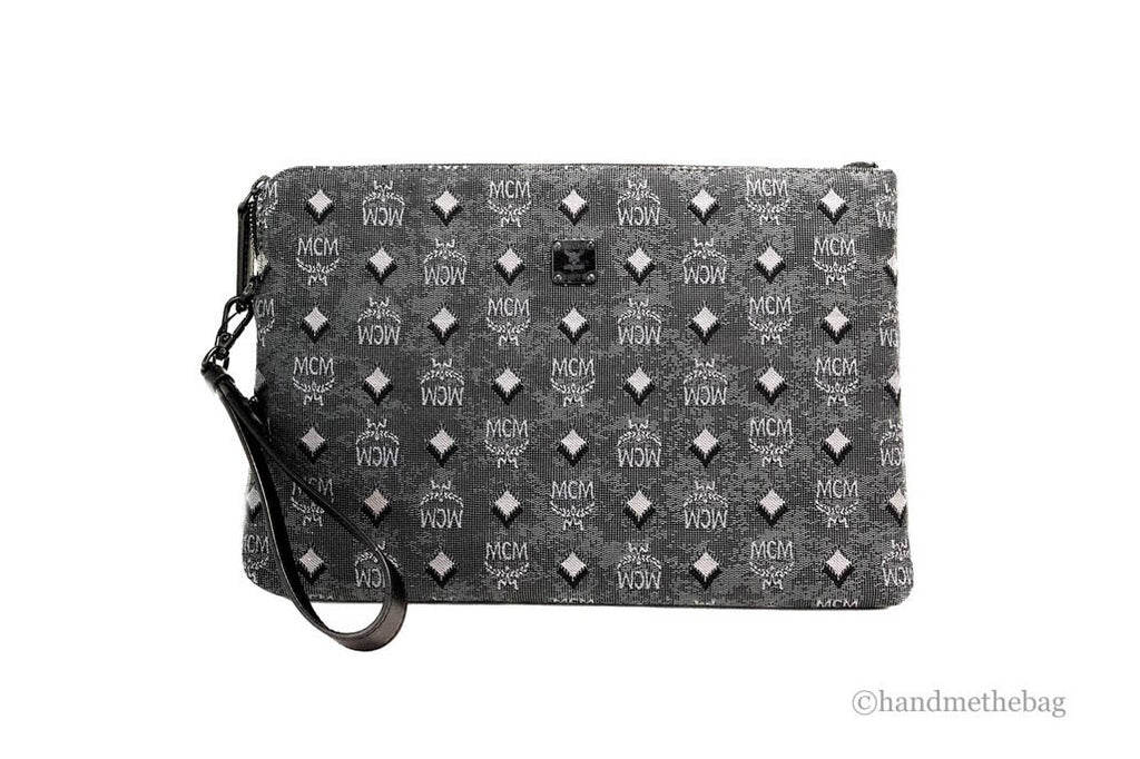 MCM Veritas Medium Dark Grey Denim Monogram Logo Canvas Clutch Pouch Handbag