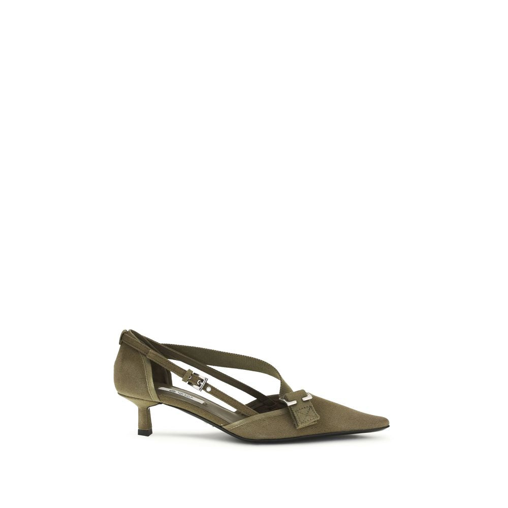 Bicolor Cotton Mid Heel Pumps