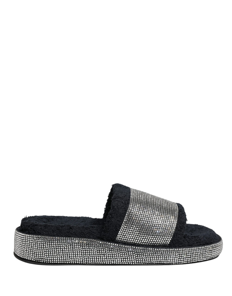 Black Crystal Embellished Platform Slides Shoes