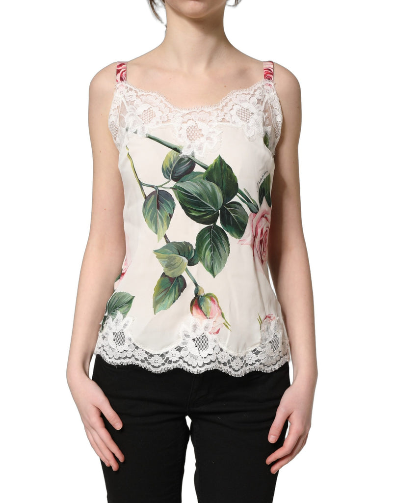 White Rose Print Lace Silk Camisole Tank Top