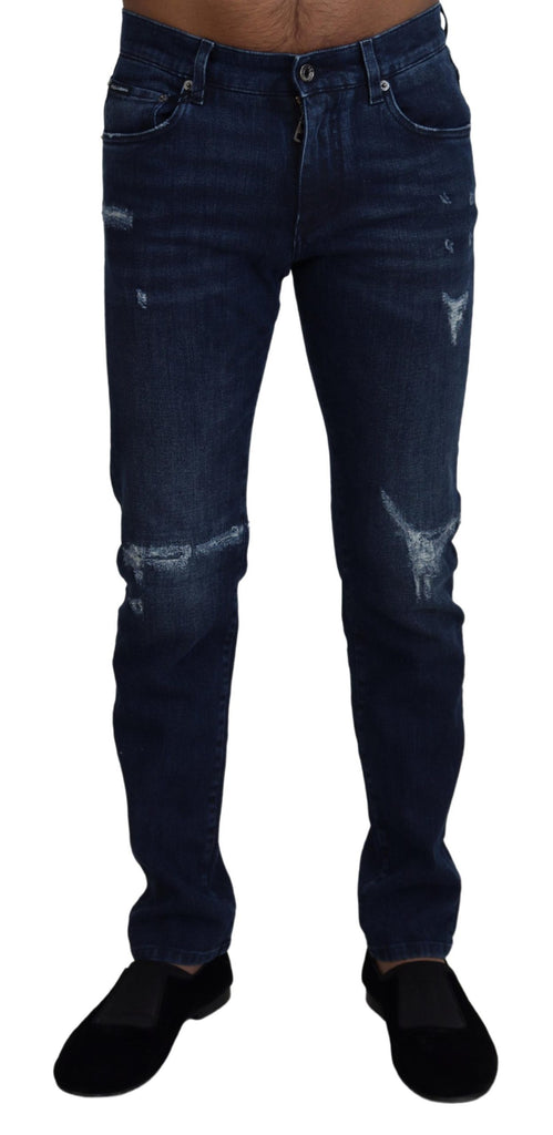 Blue Cotton Skinny Tattered Denim Jeans