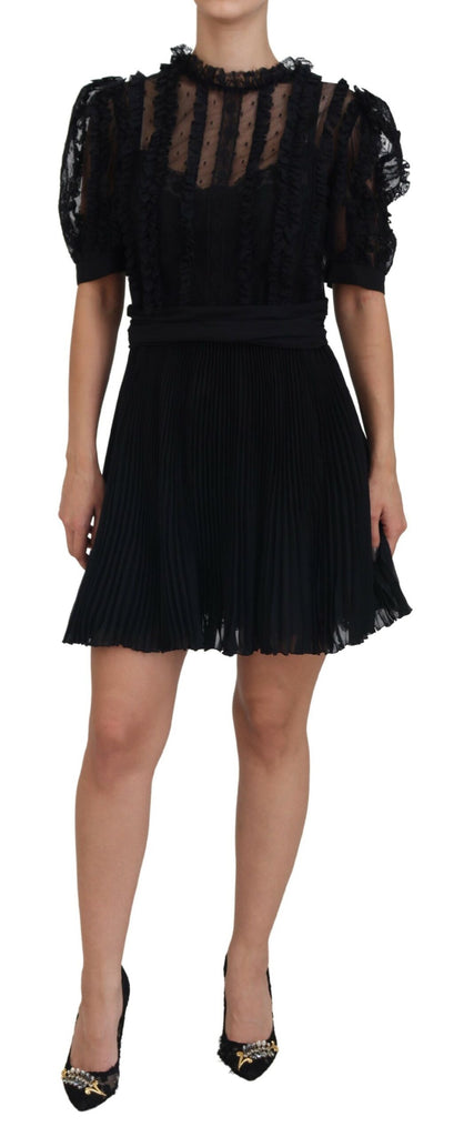 Black Lace Trim A-line Mini Nylon Dress
