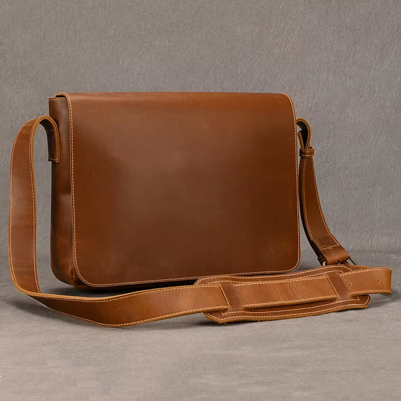 Men'S Genuine Leather Shoulder Bag Crazy Horse Leather Crossbody Bag High Quality School Bags Leather Messenger Bag for Men Male
