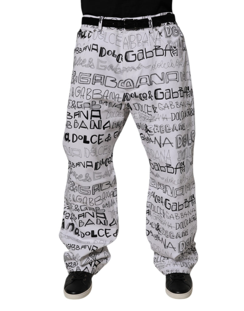 White Logo Print Straight Men Denim Jeans