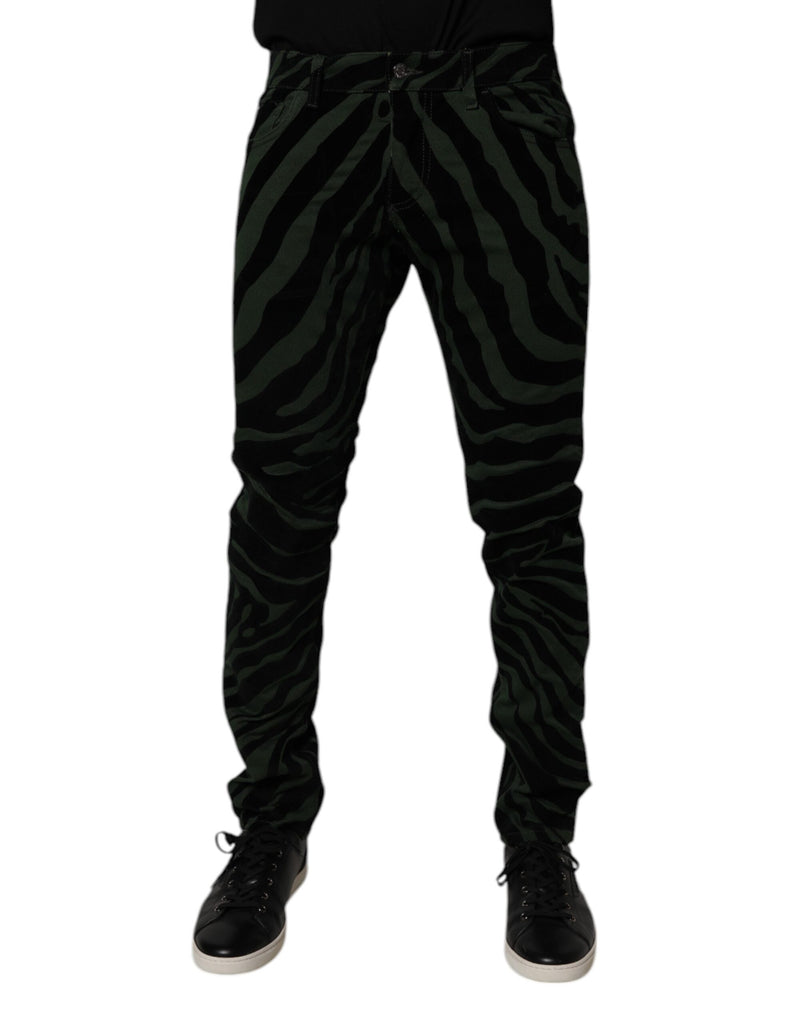 Black Green Stripes Cotton Skinny Denim Jeans