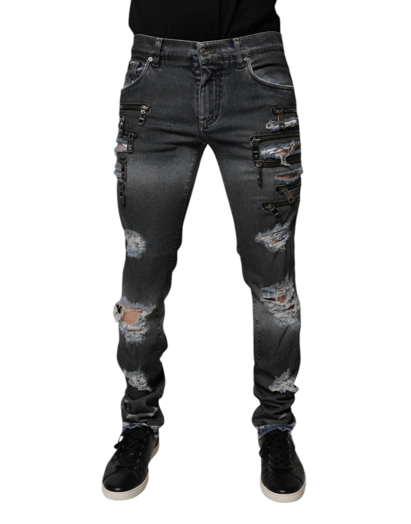 Dark Gray Tattered Cotton Skinny Denim Jeans