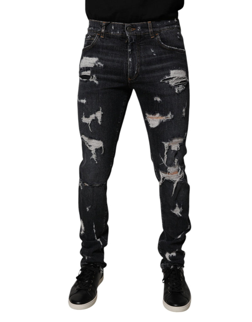 Black Tattered Cotton Skinny Men Denim Jeans