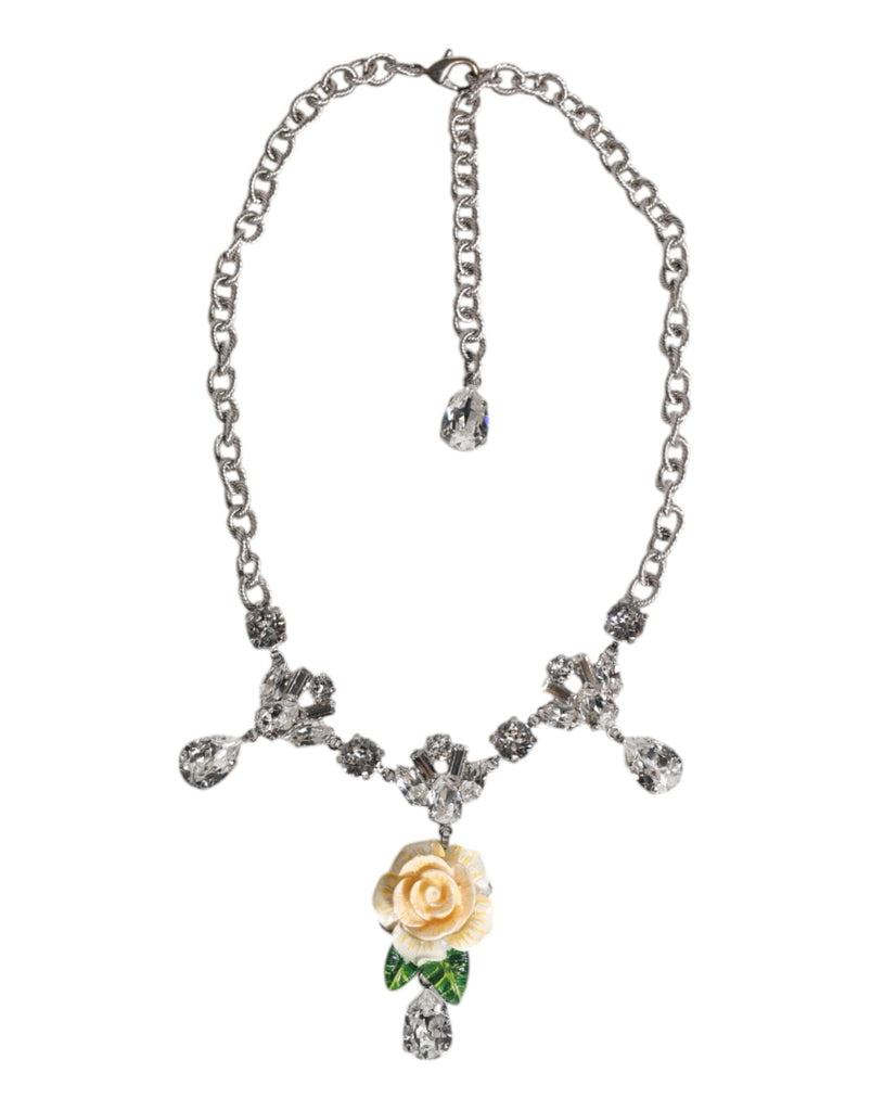 Silver Tone Brass Clear Crystal Roses Pendants Necklace