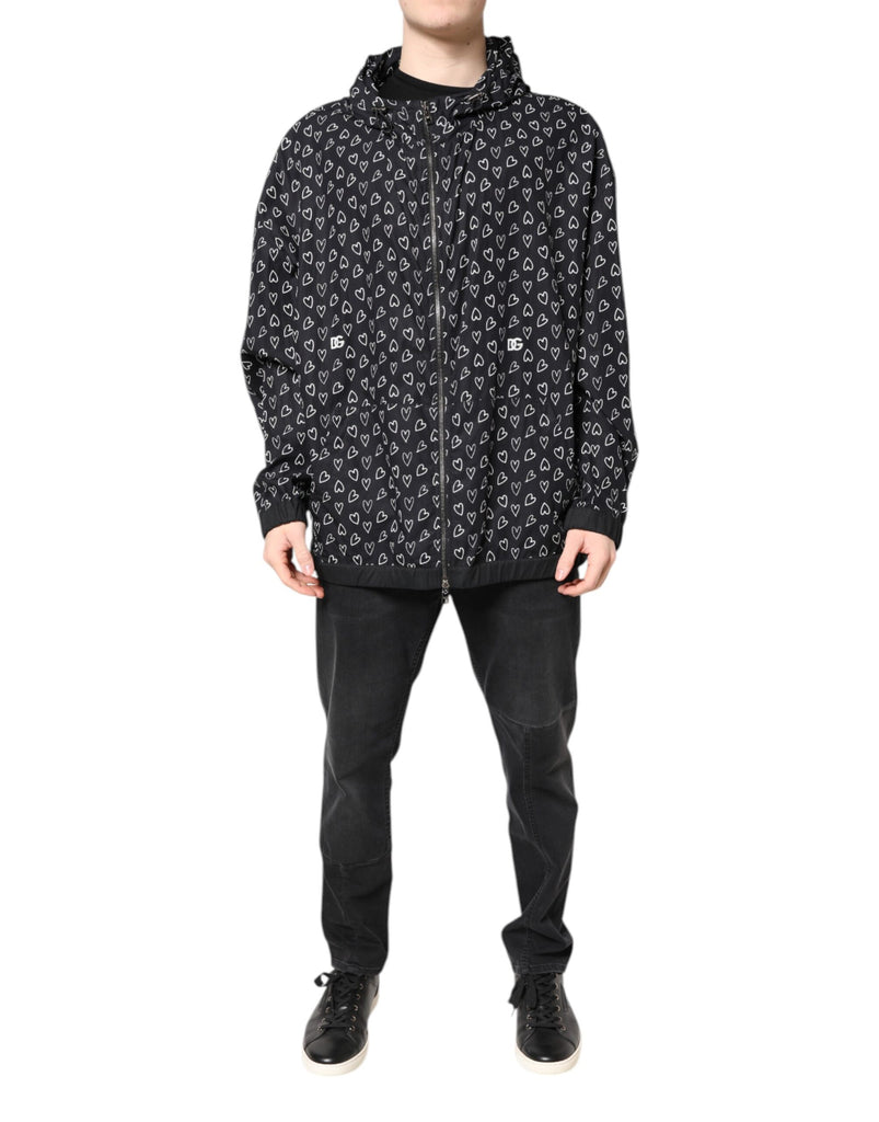 Black Heart Print Hooded Windbreaker Jacket