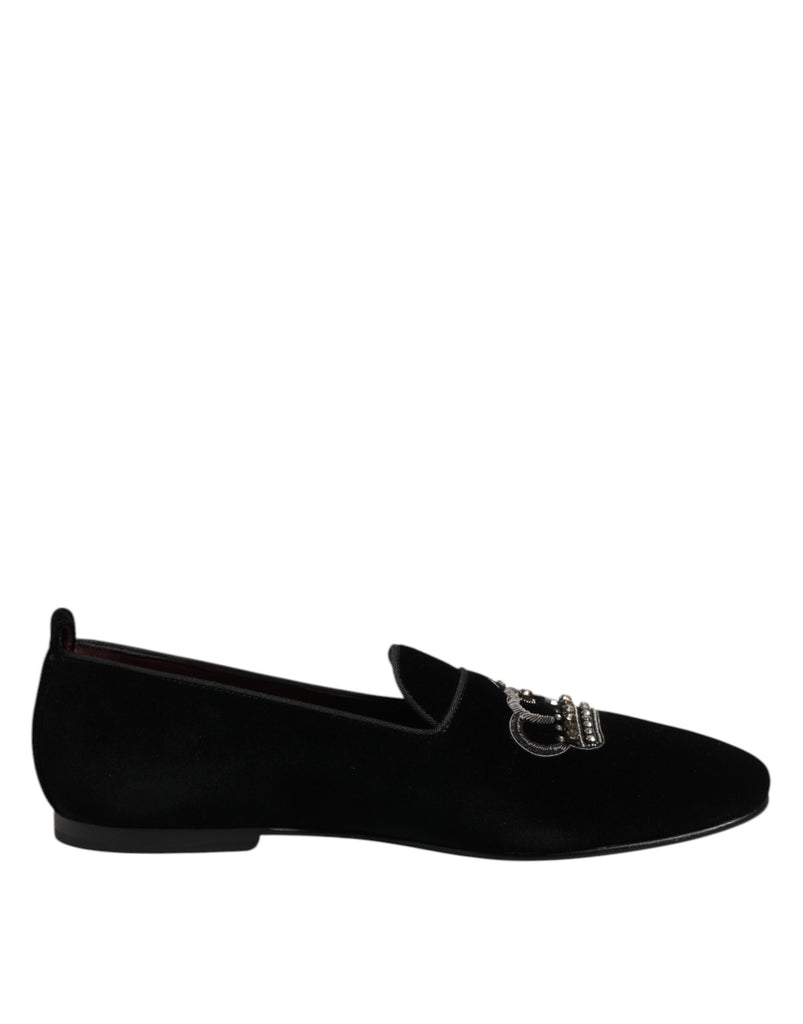 Black Velvet Crystal Crown Loafers Dress Shoes