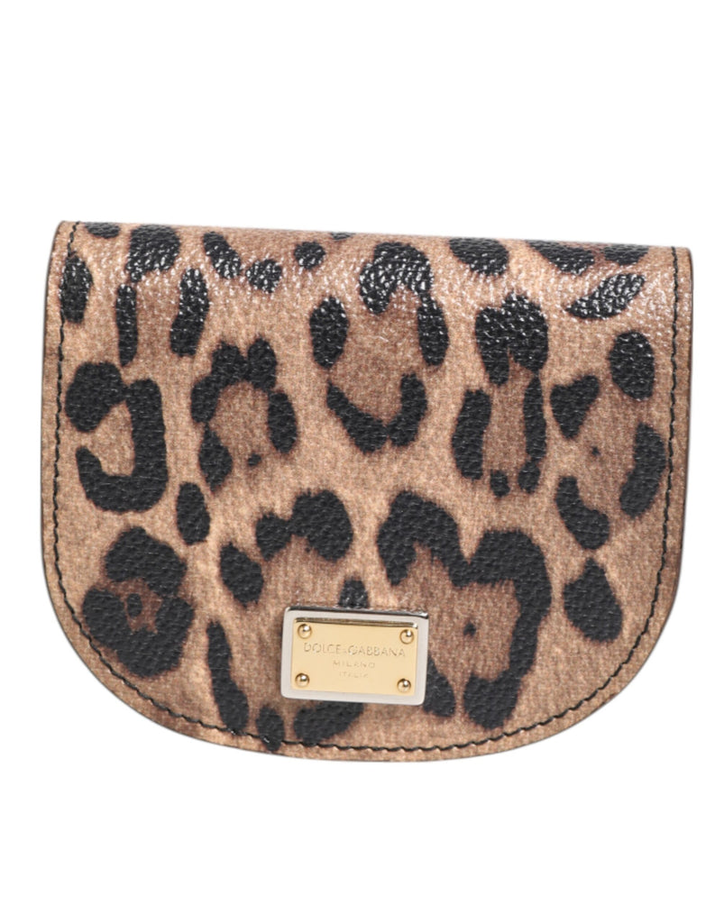 Brown Black Calf Leather Leopard Print Logo Plaque Wallet