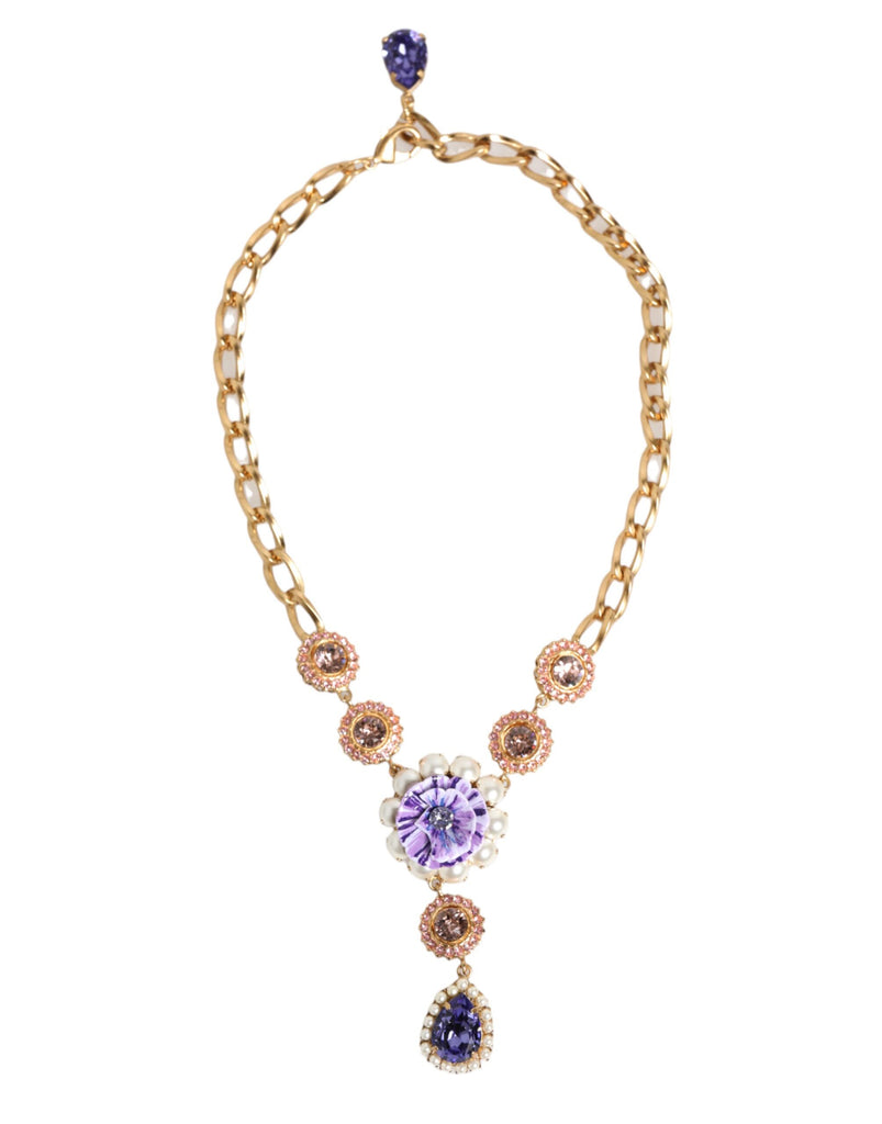 Gold Brass Crystal Pearl Purple Floral Pendant Jewelry Necklace