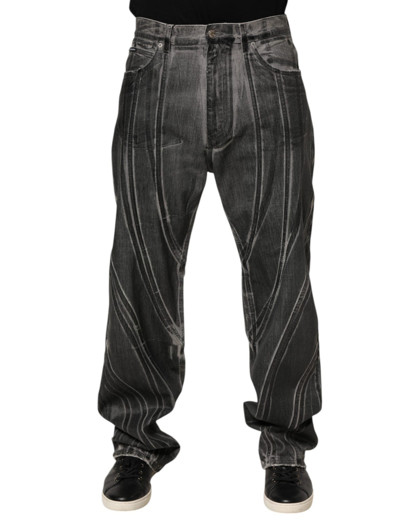 Black Grey Graphic Print Denim Pants Jeans