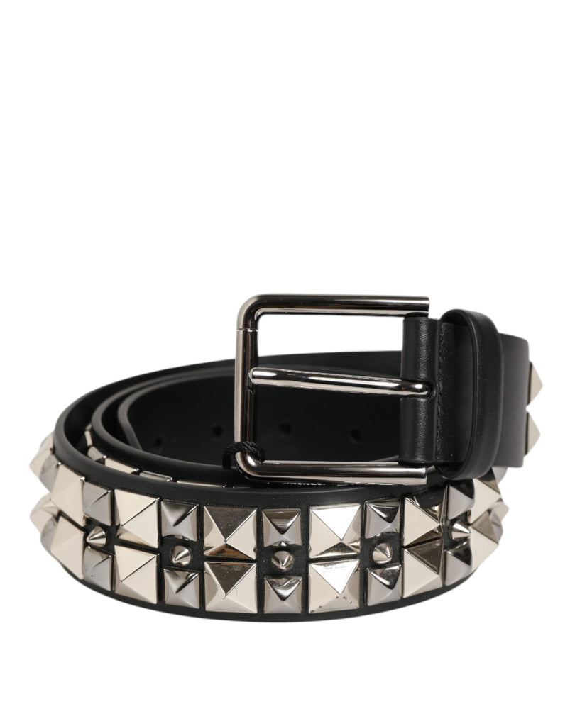 Black Calf Leather Studded Silver Buckle Belt