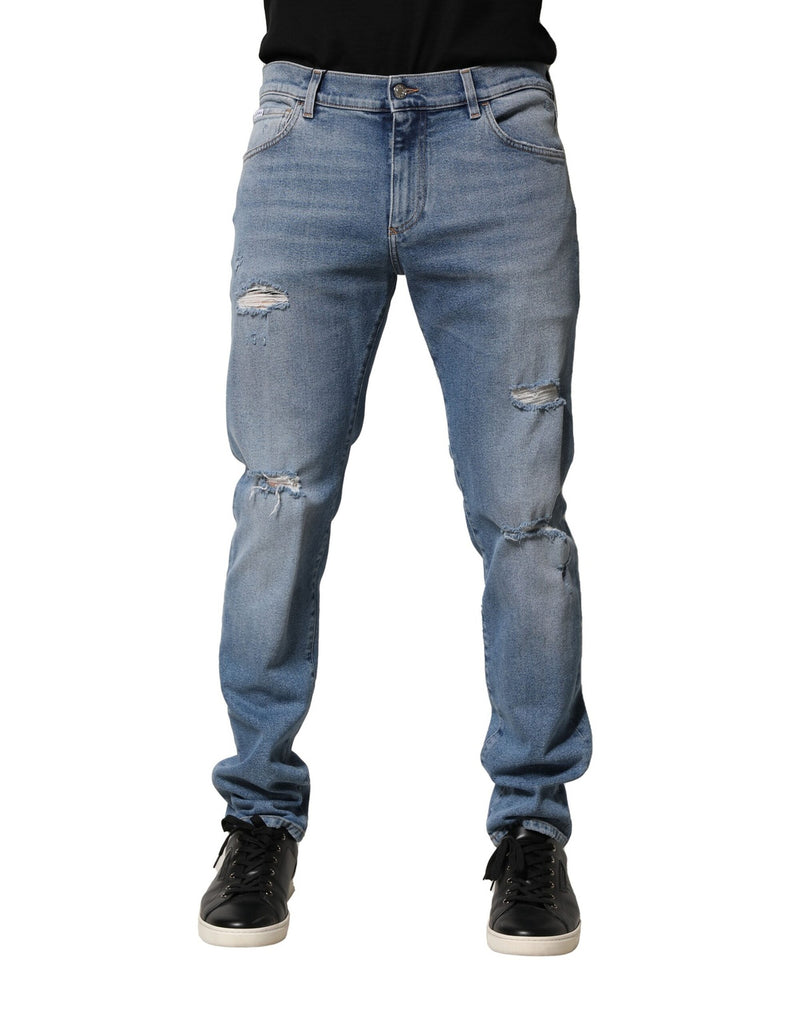 Blue Distressed Cotton Slim Men Denim Jeans