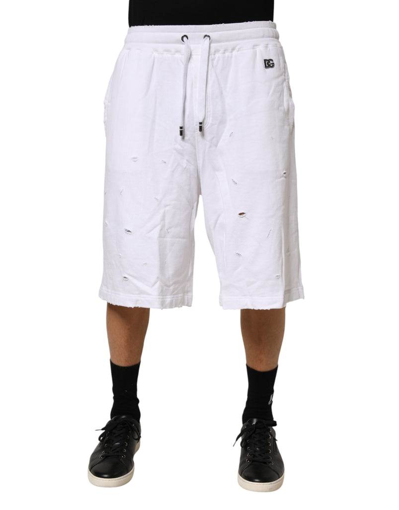 White Distressed Cotton Men Bermuda Shorts