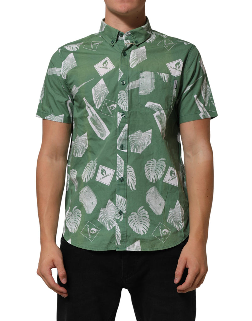 Green Printed Cotton Collared Short Sleeves Polo Shirt