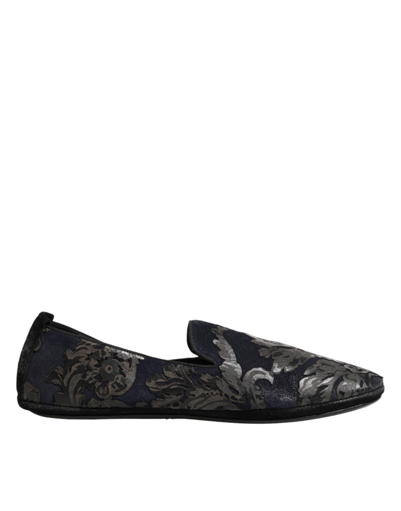 Black Jacquard Leather Slip On Loafers Shoes
