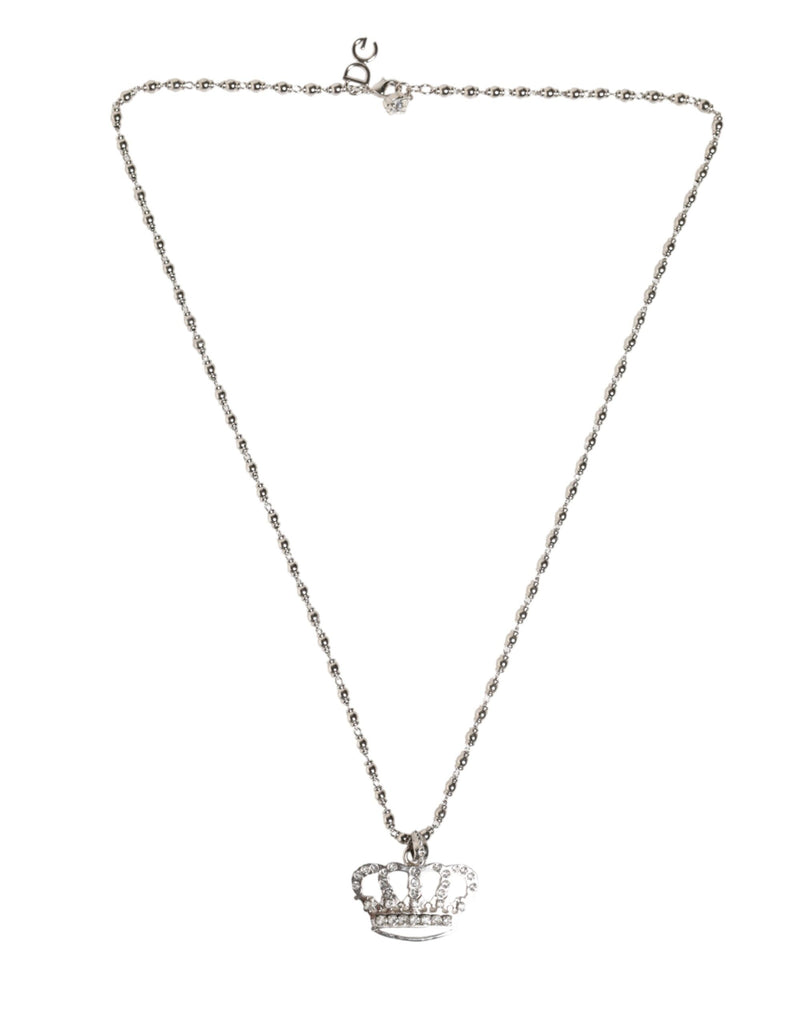 Silver Tone Brass Chain Crown Crystal Pendant  Necklace