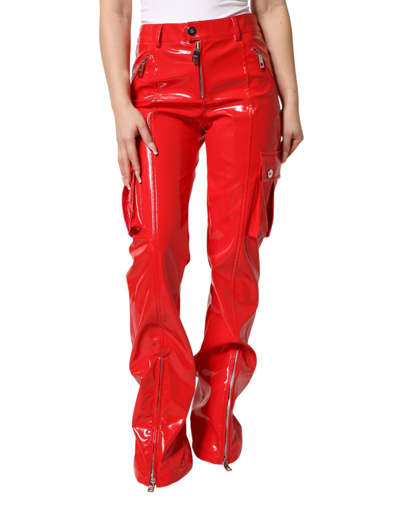 Red Glossy Polyester Cargo Boot Cut Pants