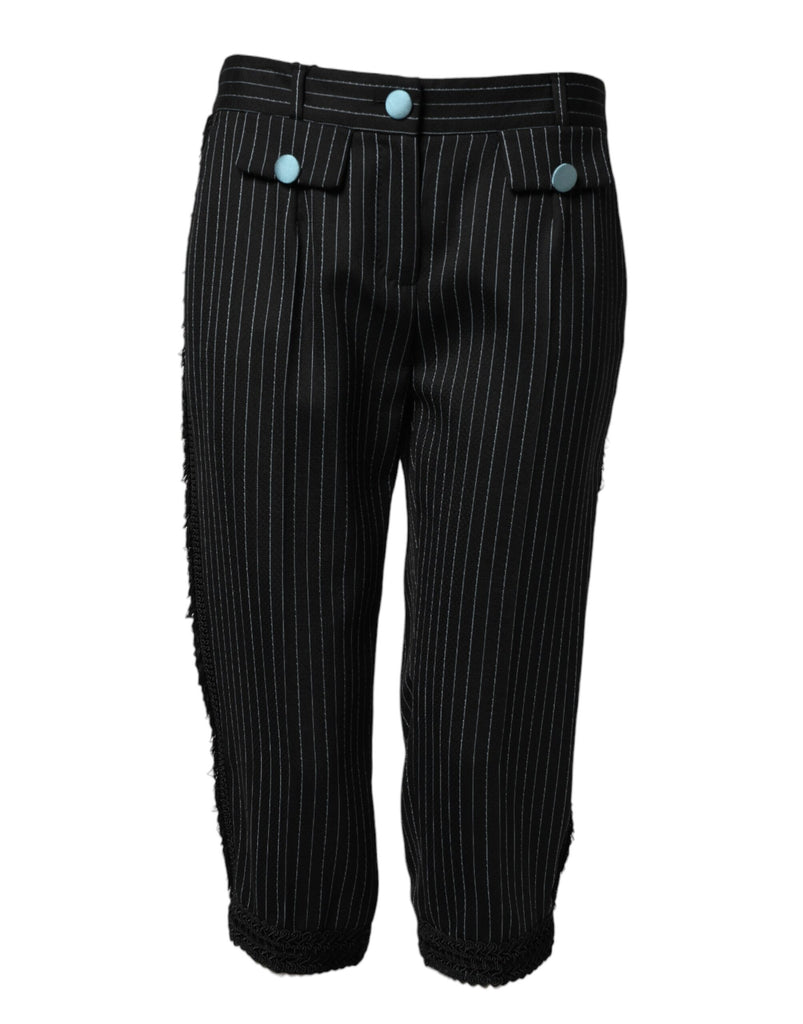 Black Wool Stripes Cropped Trouser Pants