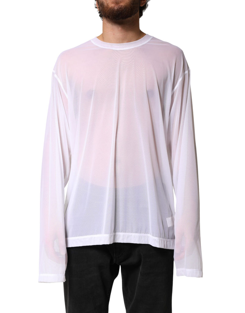 White Nylon Long Sleeves Crewneck T-Shirt