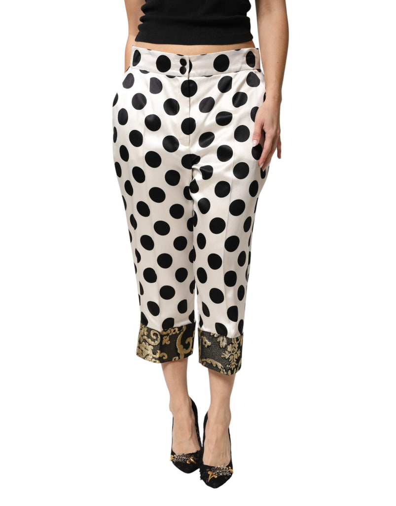 White Black Polka Dot Silk Mid Waist Cropped Pants
