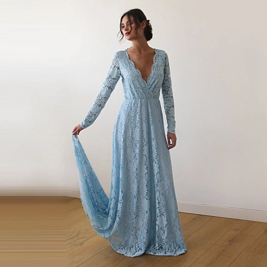 Light Blue Wrap Dress With Train #1151