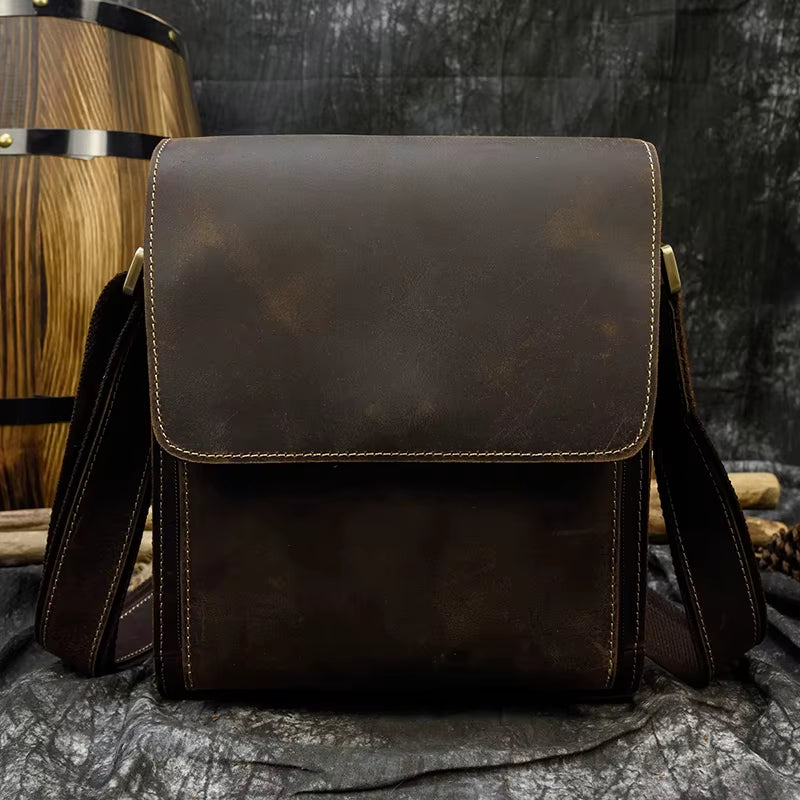Men'S Genuine Leather Shoulder Bag Crazy Horse Leather Crossbody Bag High Quality School Bags Leather Messenger Bag for Men Male