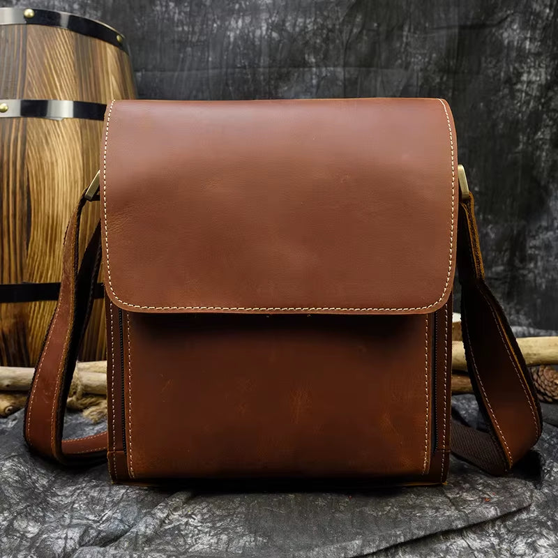 Men'S Genuine Leather Shoulder Bag Crazy Horse Leather Crossbody Bag High Quality School Bags Leather Messenger Bag for Men Male