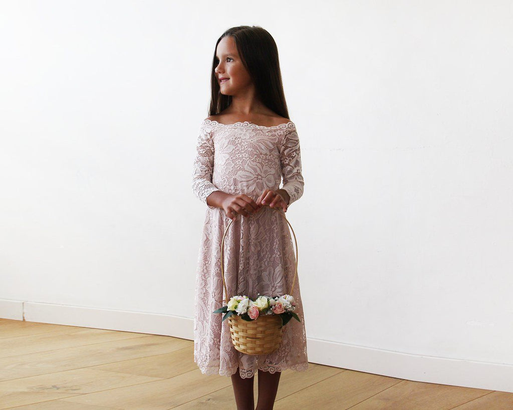 Off-The-Shoulder Pink Lace Midi Girls Dress #5042